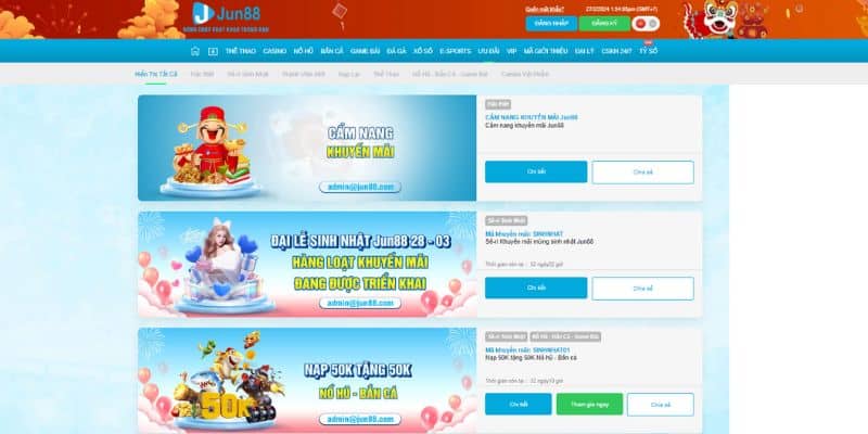 Các chương trình tặng thưởng tại sân chơi Jun88 rất đa dạng
